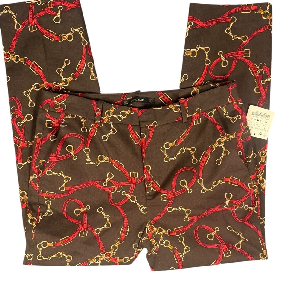 Zara chocolate brown, gold , and Red Patterned Cropped Pants A309 measure in pic - Picture 4 of 11